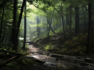 Obraz premium rain in the forest, gloom, rain, forest, created with Generative AI technology
