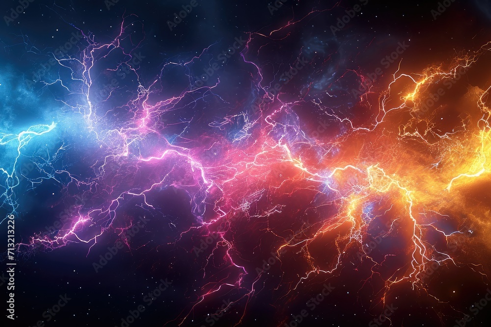 Poster Lightning bolts and colorful lightning bolts in the style of quantum wave. Generative AI.