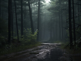 Fototapeta premium rain in the forest, gloom, rain, forest, created with Generative AI technology