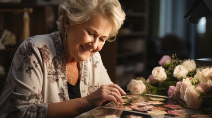 Explore the Creativity of a Woman Crafting Memories in a Personalized Scrapbook, Adorning Pages with Dry Flowers and Artistic Paper Elements for a Unique Memory Journal.