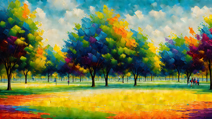park,tree,grass,oil painting,Generative AI