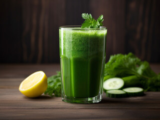 A vibrant green juice in a glass filled with fresh and healthy ingredients, promoting detoxification.