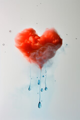 Red heart with water drops on white background.Minimal concept.