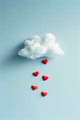 Hearts falling from the cloud on a blue background.Minimal concept.