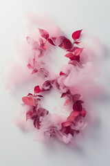 Number eight made of pink petals with smoke on white background.White and pink color combination.