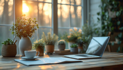 Late work. Emergency time at work, documents, laptop, cup of coffee, annual reports, plants on the table in the office