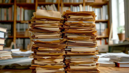 Emergency time at work, a high stack of documents, a lot of papers, annual reports on the table in the office