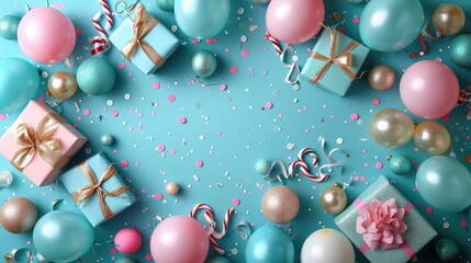 Photo of colorful birthday decor with balloons, Presents and party items on a blue background, Top view. Generative AI.