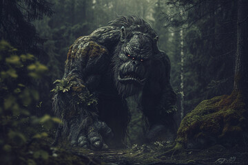 Fototapeta na wymiar giant troll in dark forest