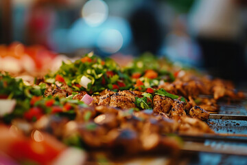 Kebabs sprinkled with herbs on a blurred background in a cafe. Concept for the development of kebab shops, cafes, restaurants. Еmpty space for text.

