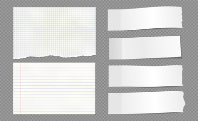 Set of torn, ripped lined, math paper strips with soft shadow are on grey background for text or ad.