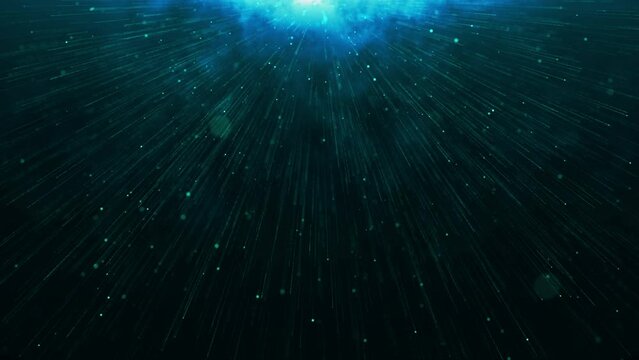 Abstact particle background in motion. Beautiful transition with real blue particles flying in wind on black background, shot with depth of field. blue dust bokeh abstract background