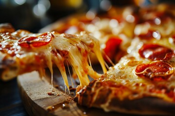 Juicy pizza with stretchy cheese on a wooden board. The concept of advertising a cafe, restaurant, fast food. 
