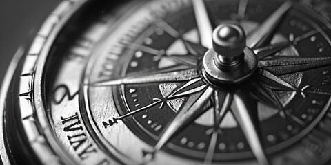 A black and white photo of a compass. Suitable for navigation, travel, and exploration themes