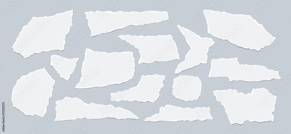 Poster set of torn, ripped paper strips with soft shadow are on light background for text or ad.