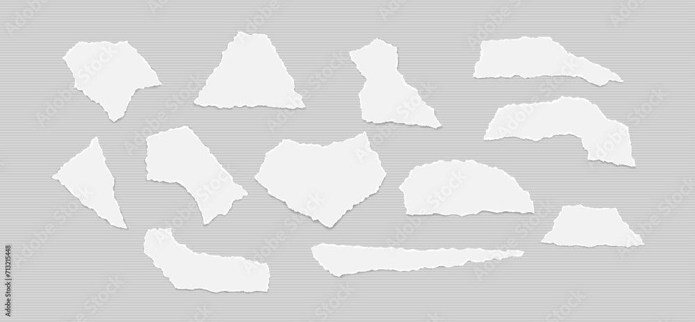 Poster set of torn, ripped paper strips with soft shadow are on lined grey background for text or ad.