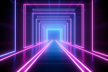 Abstract neon light geometric background. Glowing neon lines. Empty futuristic stage laser. Pink blue rectangular laser lines. Square tunnel. Night club empty room. Laser show design.