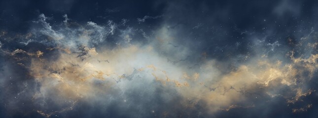 An abstract celestial vista with dynamic interplay of dust and clouds in blue and gold, reminiscent of a galactic formation. - obrazy, fototapety, plakaty