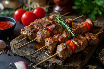 Four skewers with a sprig of rosemary on a board on a background of tomatoes, sauce and garlic cloves. Concept for the development of kebab shops, cafes, restaurants. 
