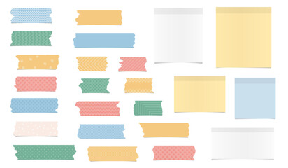 Colorful and different size adhesive, sticky, tape, note paper pieces are on white background.