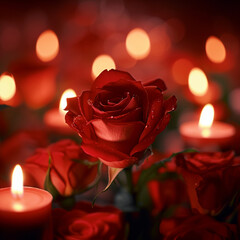 Rose with a red bloom and candles on Valentine's day, ai technology