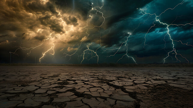 Intense Lightning Storm over Cracked Arid Land