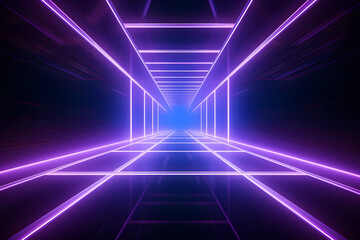 Abstract neon light geometric background. Glowing neon lines. Empty futuristic stage laser. Colorful rectangular laser lines. Square tunnel. Night club empty room. Laser show design.