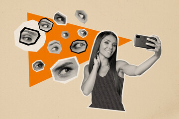 Creative photo collage image young girl making selfie many eyes espionage face fragments internet...