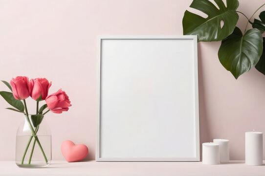 mockup white frame photo with red roses, red flowers tulip in a glass vase hearts an empty frame on a table valentine day picture template love theme. 3d illustration of a love background with space.