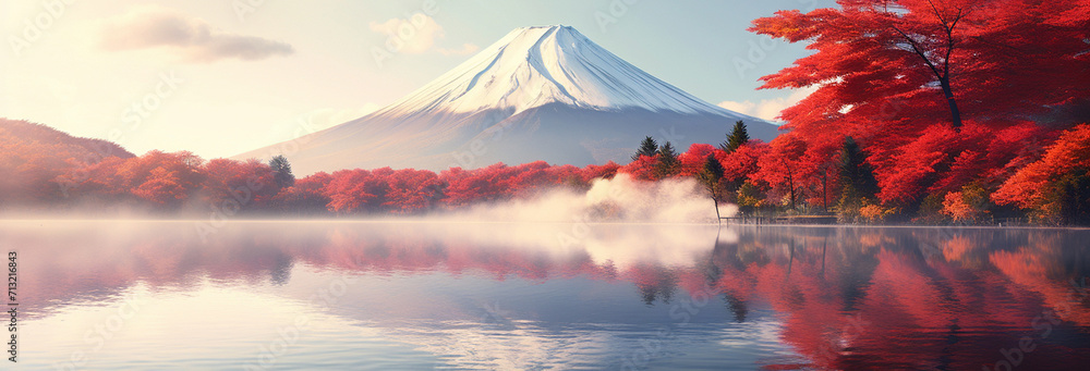 Wall mural beautiful landscape of mountain fuji in maple leaf around around lake yamaka lake in autumn season