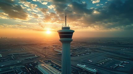 Aerial view of airport control tower, Showing city. Generative AI. - obrazy, fototapety, plakaty