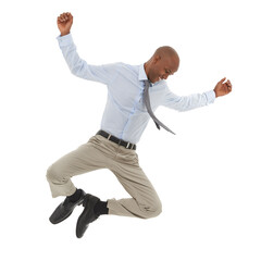 Happy black man, jump and joy for business, success or celebration on a white studio background. Excited young African male person leaping with smile in fashion or formal clothing on mockup space