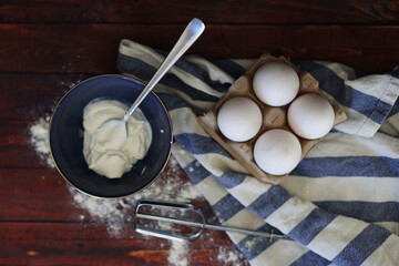 flat lay four eggs whisk for stirring concept cooking