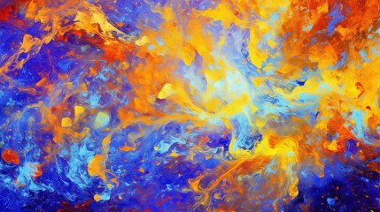 Abstract Orange and Blue Cosmic Art Fluid Acrylic Painting Texture Background in Amber and Blue Hues
