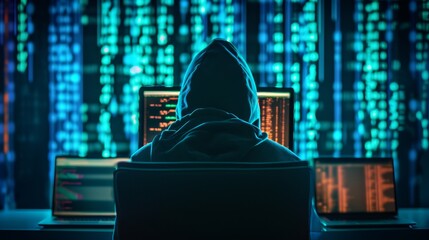 Silhouette of a hooded computer hacker behind multiple displays and digital information. Data thief, cyber fraud, election fraud, darknet and cybersecurity concept. - obrazy, fototapety, plakaty