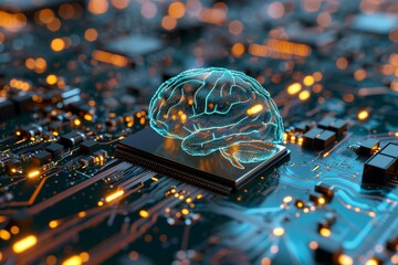 A hologram of a human brain over a glowing motherboard with data motion. Artificial intelligence, Electric brain, AI technology background
