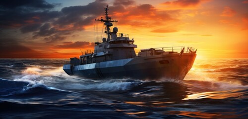 a beautiful military boat on the ocean at sunset