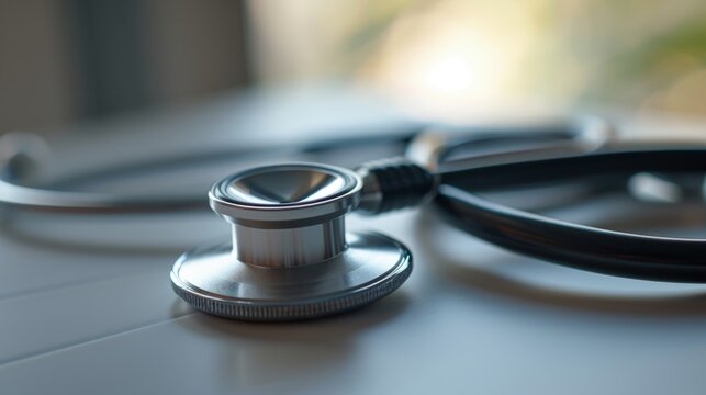 Close up of a stethoscope on a table.