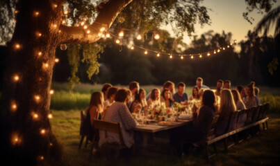 a dining table decorated with string lights for an outdoor wedding - obrazy, fototapety, plakaty