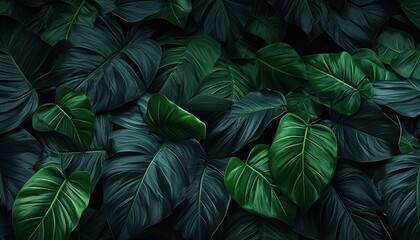 green tropical leaves in black background with dark background