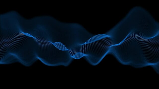 Abstract blue wave form animated loop with blue light digital effect on black background. Network communication wave signal technology futuristic concept. 