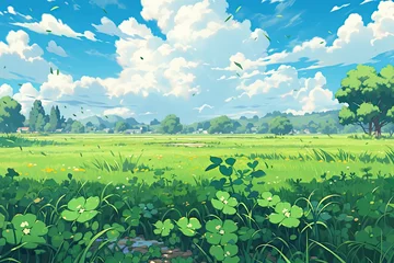 Poster green field with sky background in pixel art style. © akimtan