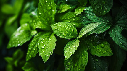 Fresh dew on vibrant green leaves in a lush garden, symbolizing growth, nature's tranquility, and the invigorating essence of the early morning