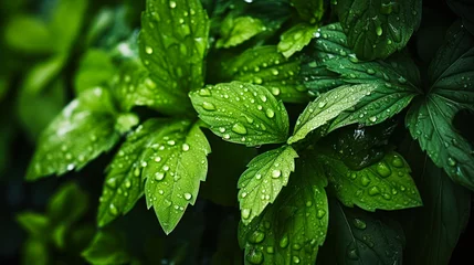 Foto op Plexiglas Fresh dew on vibrant green leaves in a lush garden, symbolizing growth, nature's tranquility, and the invigorating essence of the early morning © Bartek