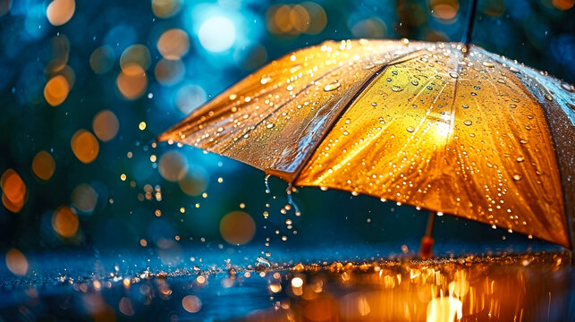 Golden umbrella canopy with sparkling water droplets against a bokeh light backdrop, embodying the cozy allure of rainy weather and the beauty of simple moments