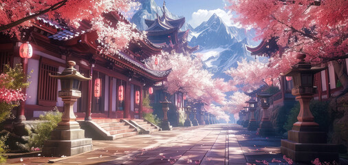 Serene traditional Asian temple with cherry blossoms in bloom, surrounded by stone lanterns and a clear path leading through a tranquil, picturesque setting