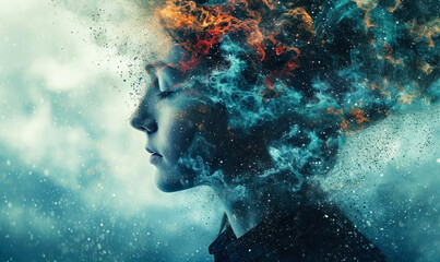 Surreal portrait of a woman disintegrating into particles, symbolizing mental health, emotions, human psyche, or the concept of being lost in thoughts - obrazy, fototapety, plakaty