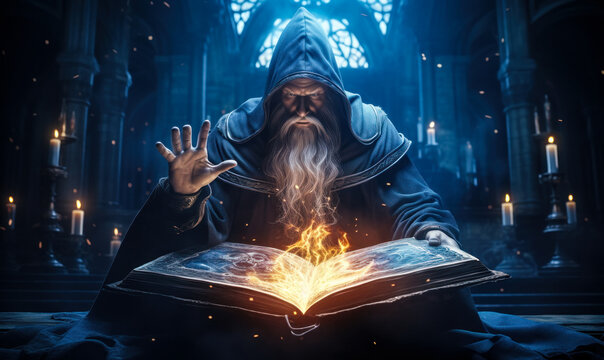Mystical ancient wizard conjuring blue magical energy from an arcane tome in a dark, gothic cathedral setting, embodying fantasy and sorcery