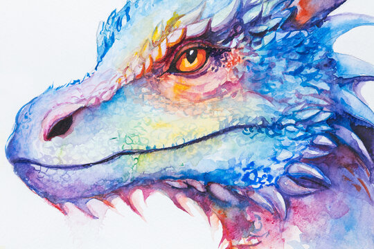Dragon face colorful paint in watercolor on a white background in a realistic manner, colorful, rainbow.