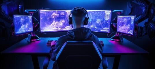 a man sitting at the computer screen playing a game - obrazy, fototapety, plakaty